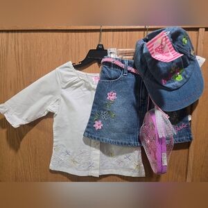 Barbie Girls White Top and Denim Floral Skirt Set with Hat